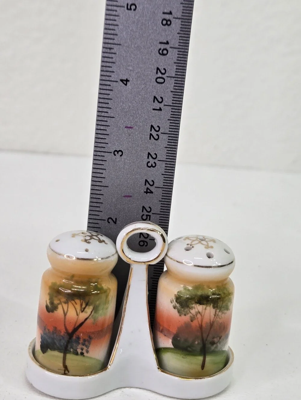 Antique Noritake Tree in Meadow Hand Painted Salt Pepper Shakers Set Caddy Japan